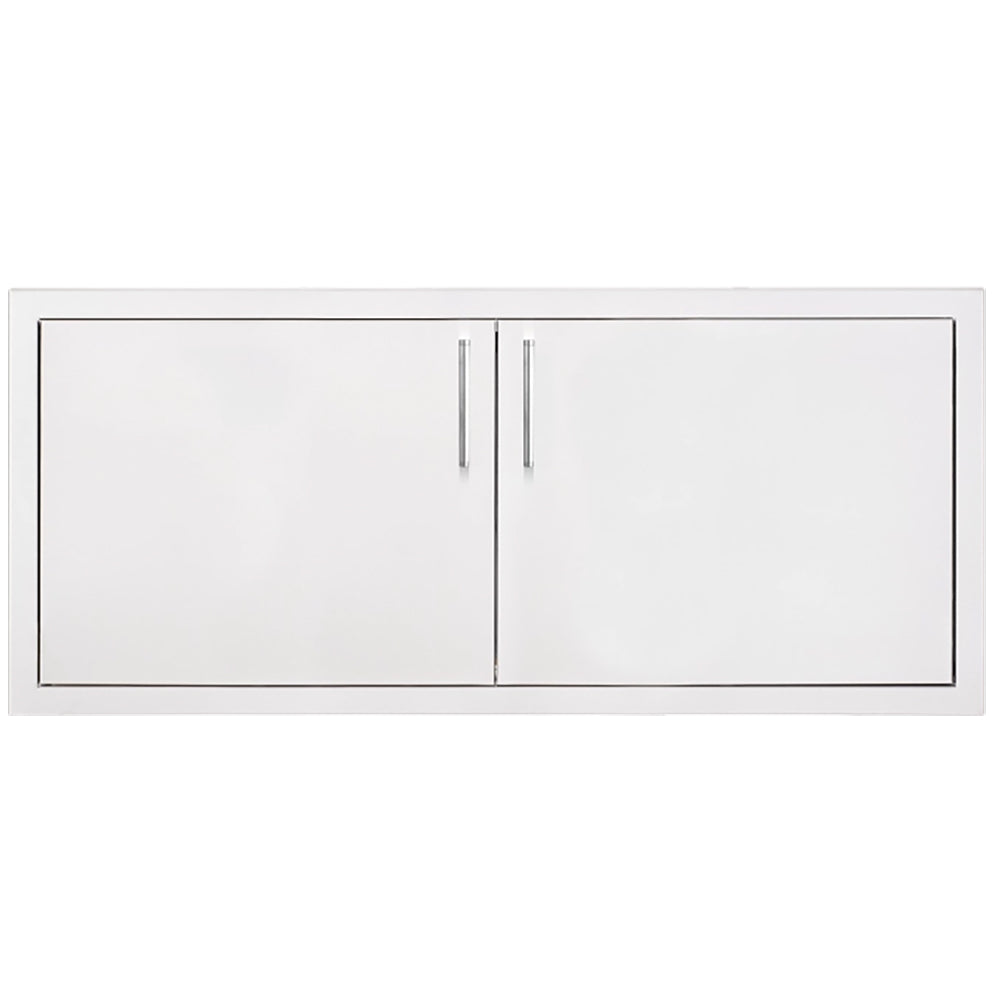 Double access door with white panel, center split, and two vertical handles