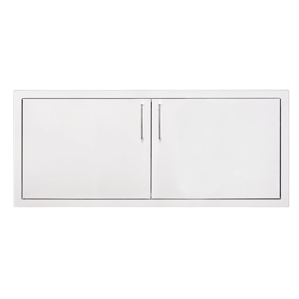 Double access door with two panel doors, metal vertical handle in frame