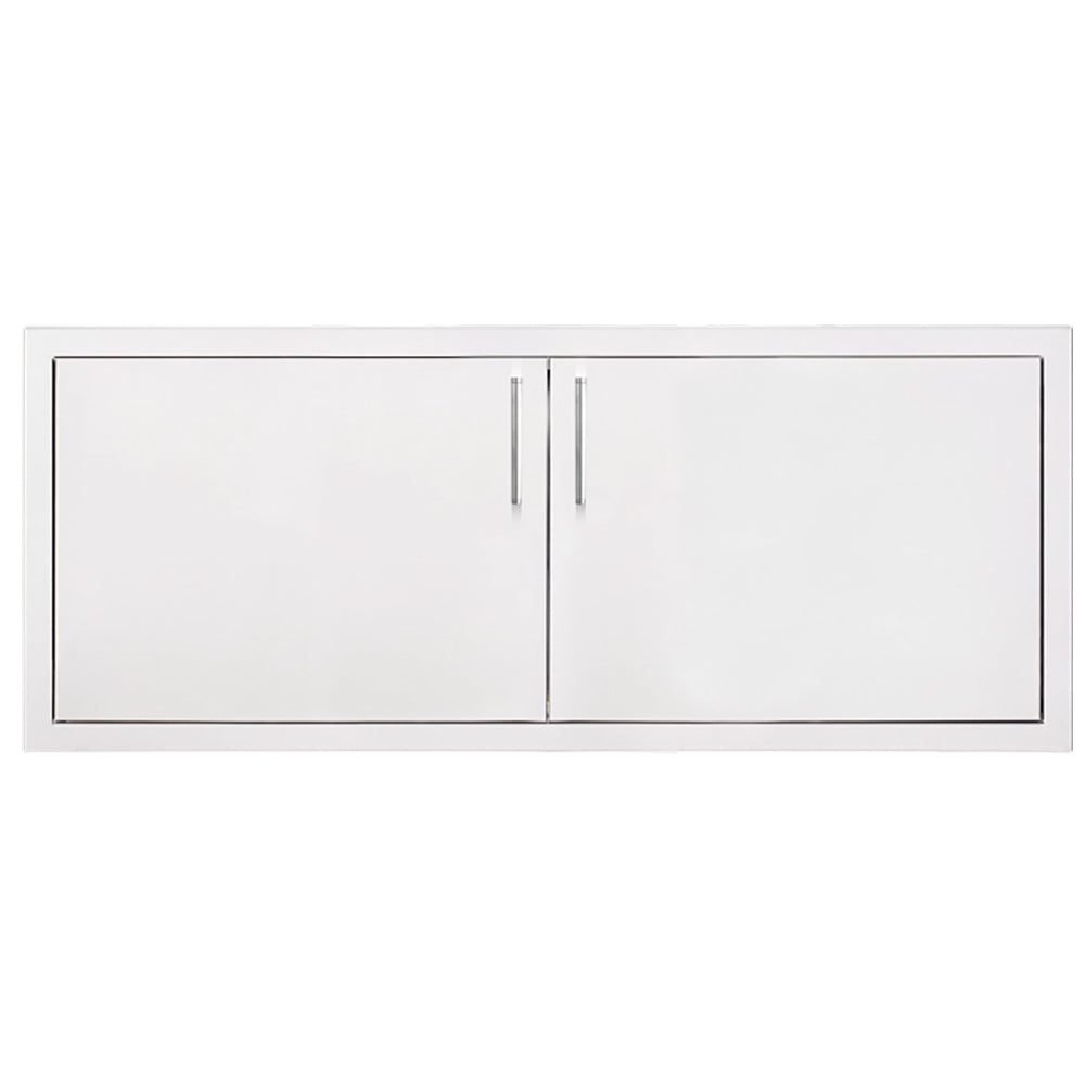 Double access door, rectangular white steel with vertical center seam and slim pull handles