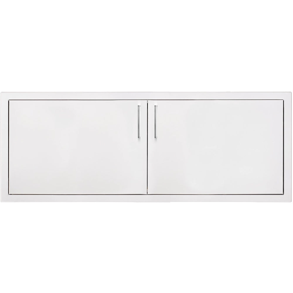 White double access door with two vertical handles and narrow center seam