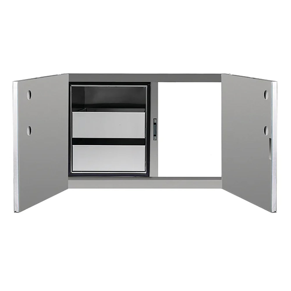 Stainless steel dry storage pantry with open access door and interior shelves, 36 in