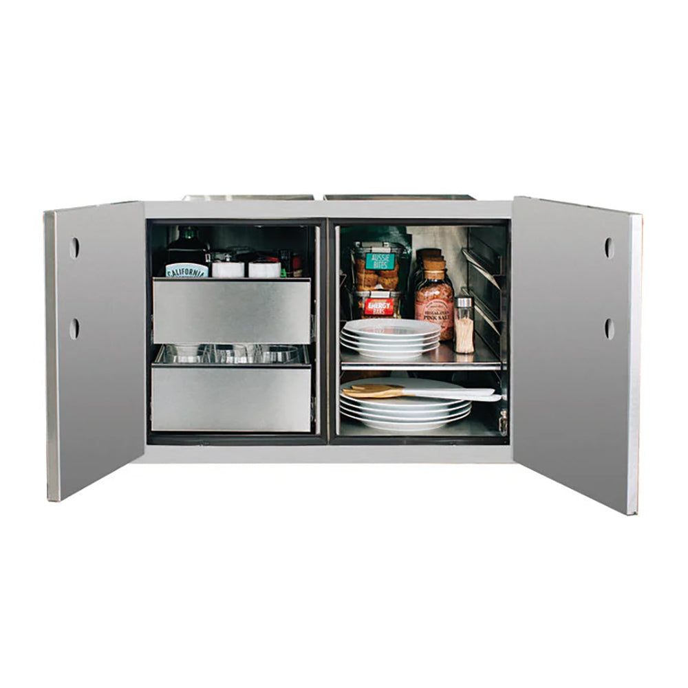 Enclosed cabinet pantry with open doors showing adjustable shelves and drawer compartments
