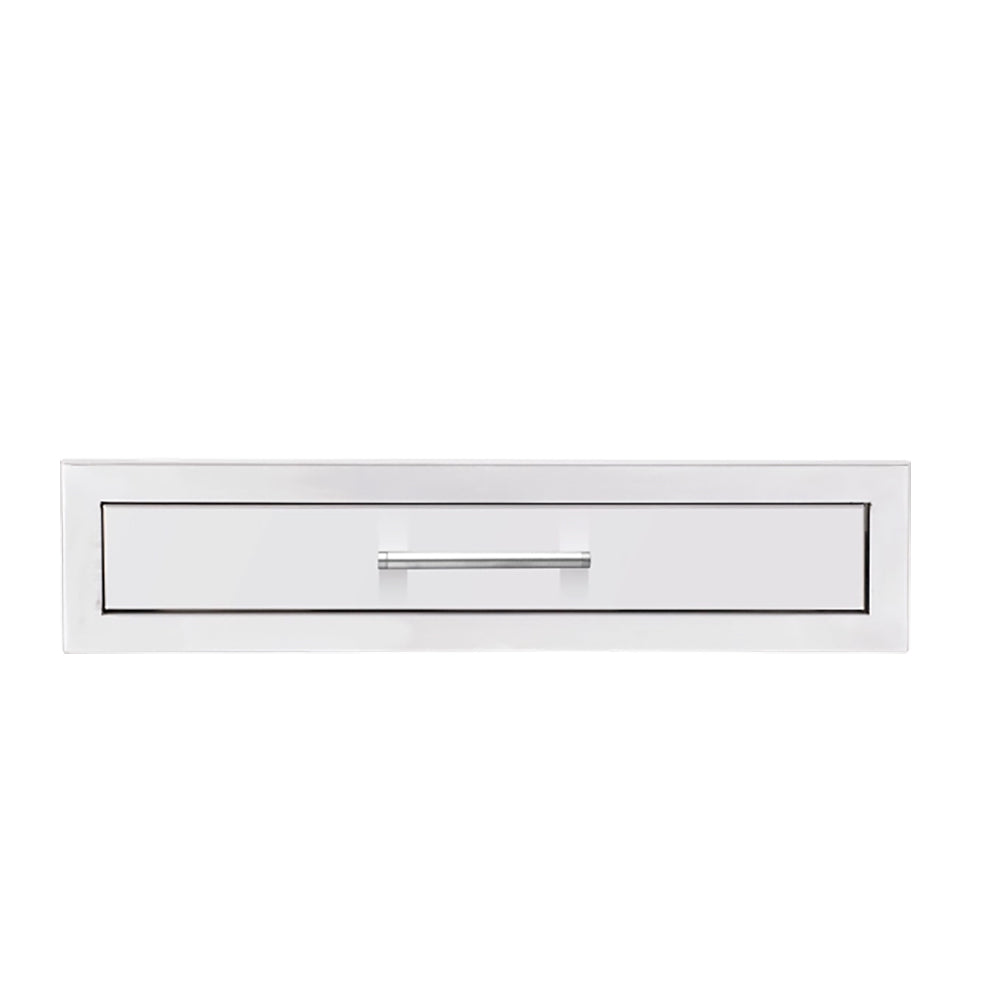 26-inch utensil drawer front with single pull handle, white cabinet-style frame