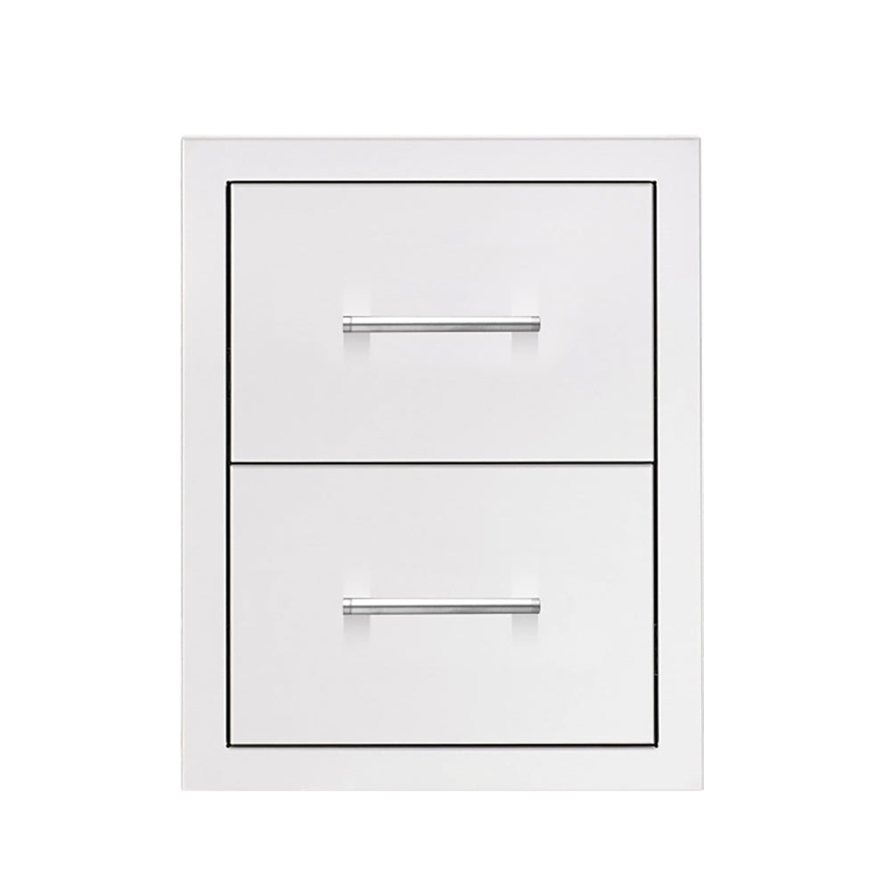 White double drawer cabinet with two drawers and chrome bar handles