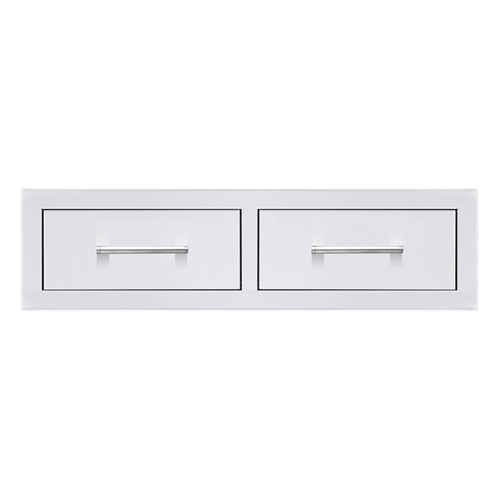 Double horizontal cabinet drawers with metal bar handles