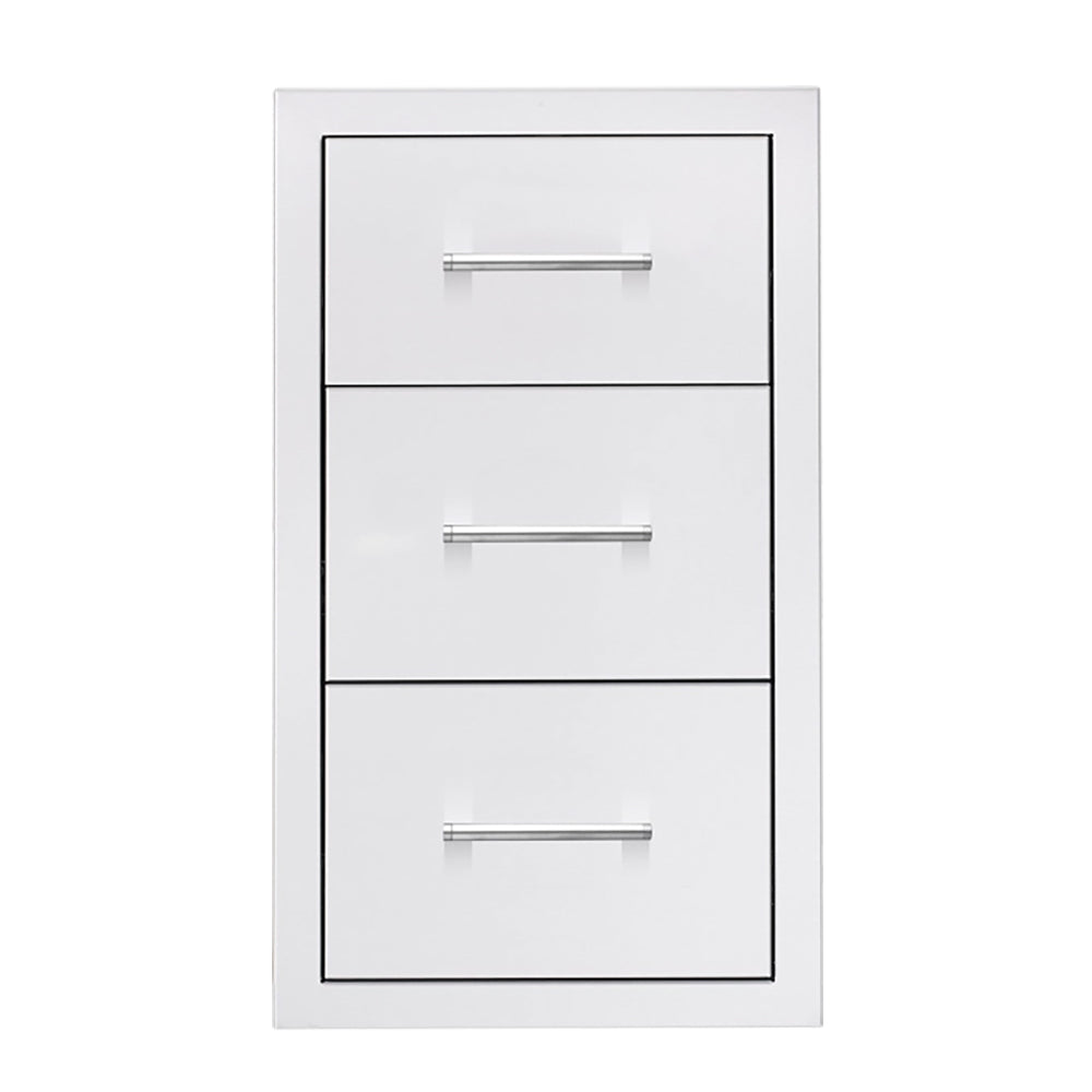White triple drawer storage cabinet with three chrome bar handles