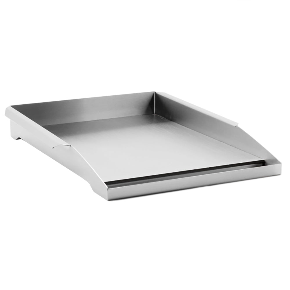 Griddle plate with flat cooking surface and raised edges, stainless steel