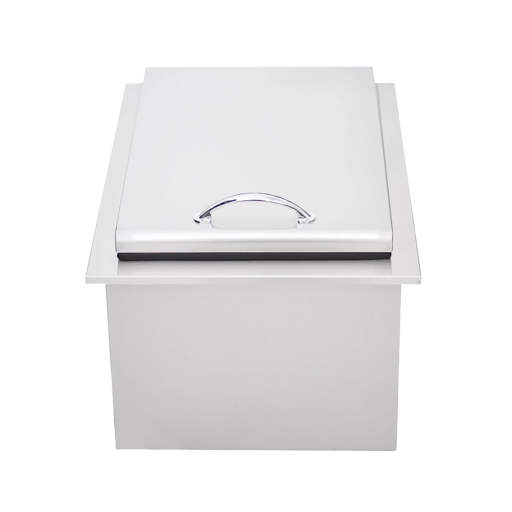 Drop-in cooler, white cabinet with closed lid and chrome lift handle