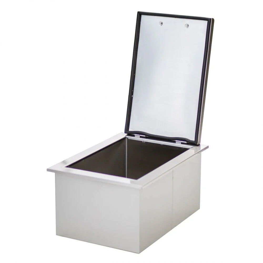 Drop-in cooler with open lid, white cabinet and dark interior tub
