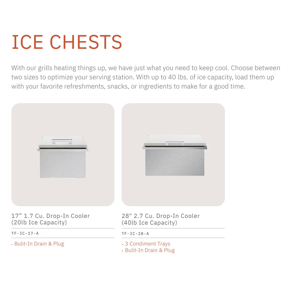 Ice chests promo graphic showing two drop-in coolers and size options