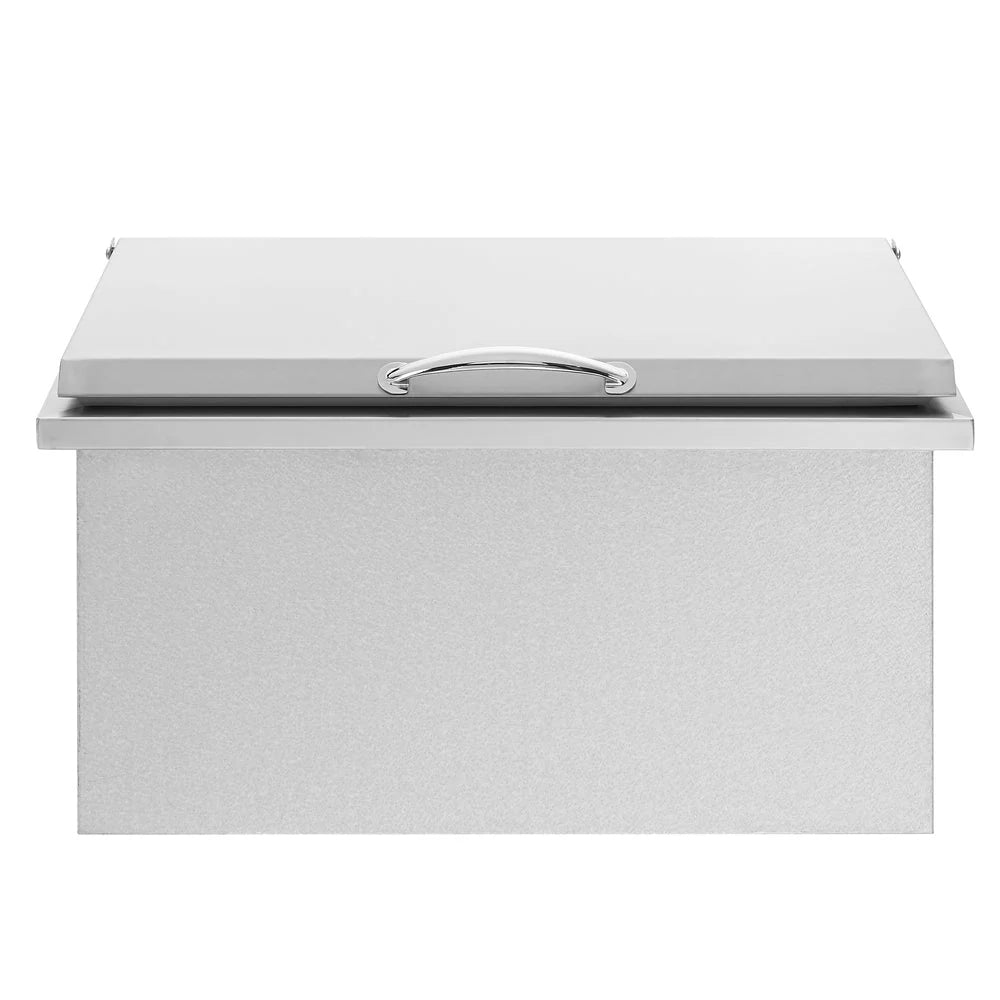 Drop-in ice cooler with chrome handle, silver textured body, closed lid