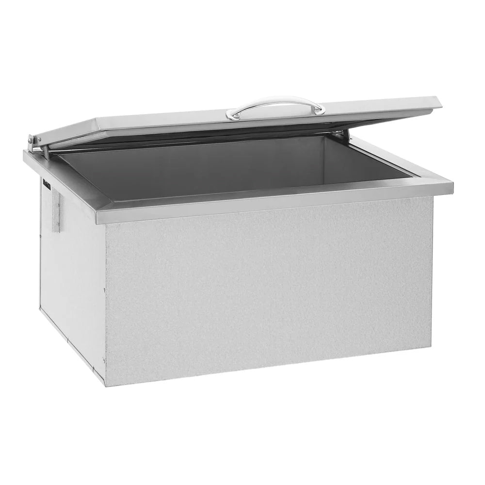Drop-in ice cooler with hinged lid open, chrome handle, silver textured body