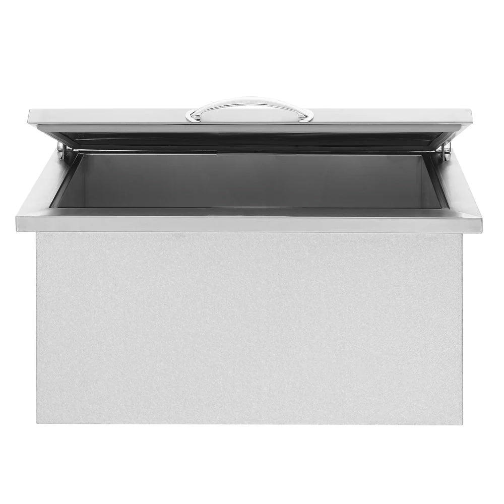 Drop-in ice cooler with lid open showing dark interior, chrome handle, silver body