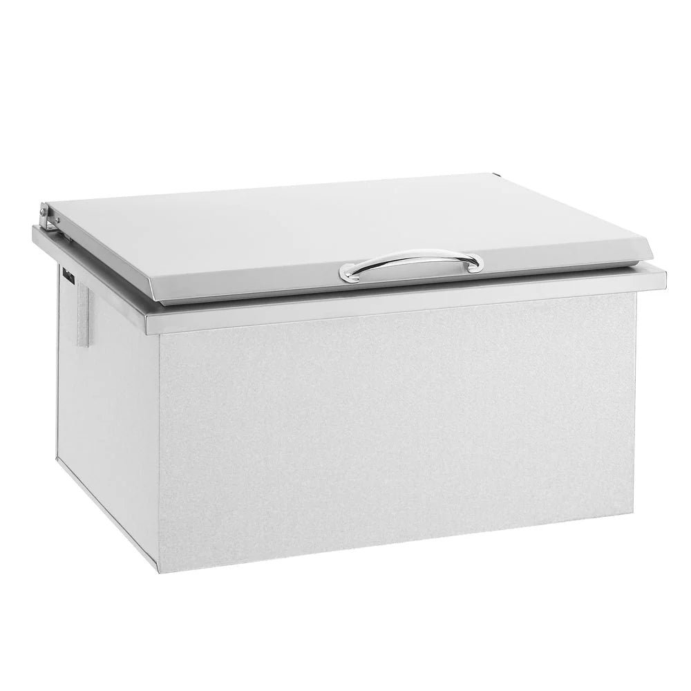 Drop-in ice cooler with lid closed, chrome handle on top, silver textured body