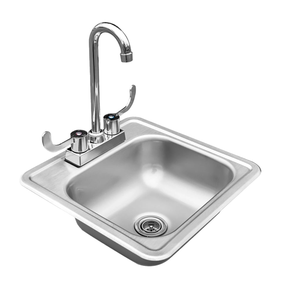 Drop-in stainless steel sink with chrome faucet and strainer drain
