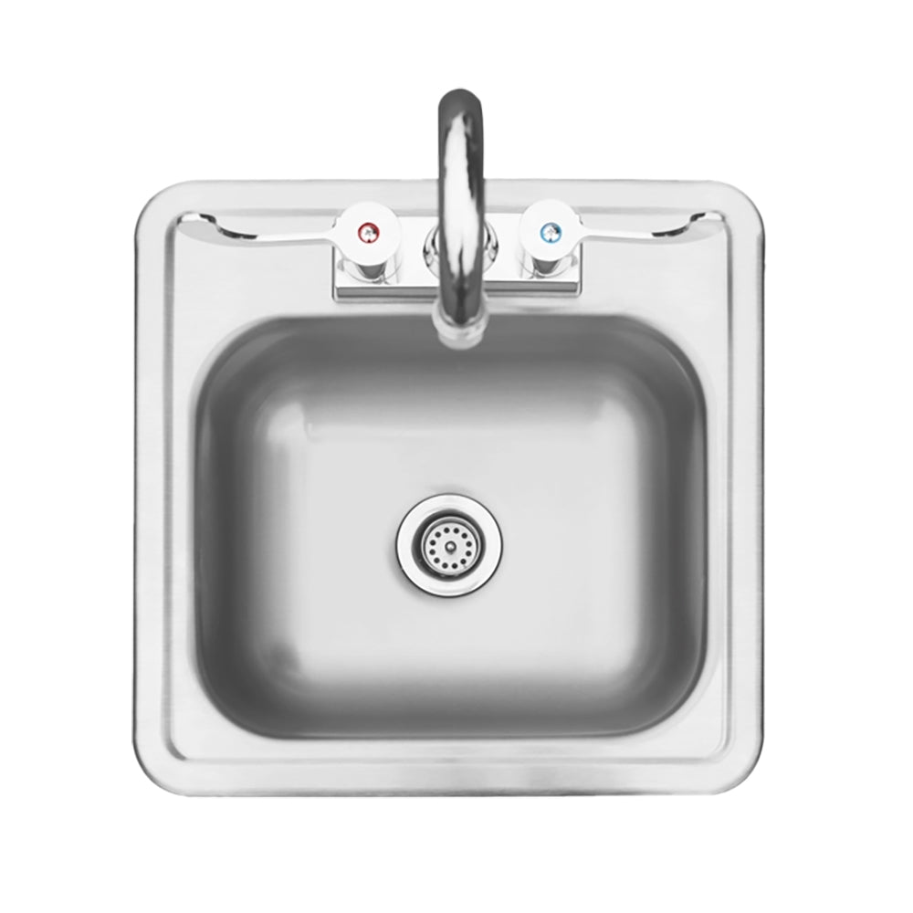 Rectangular drop-in sink with centered drain and faucet mounting plate
