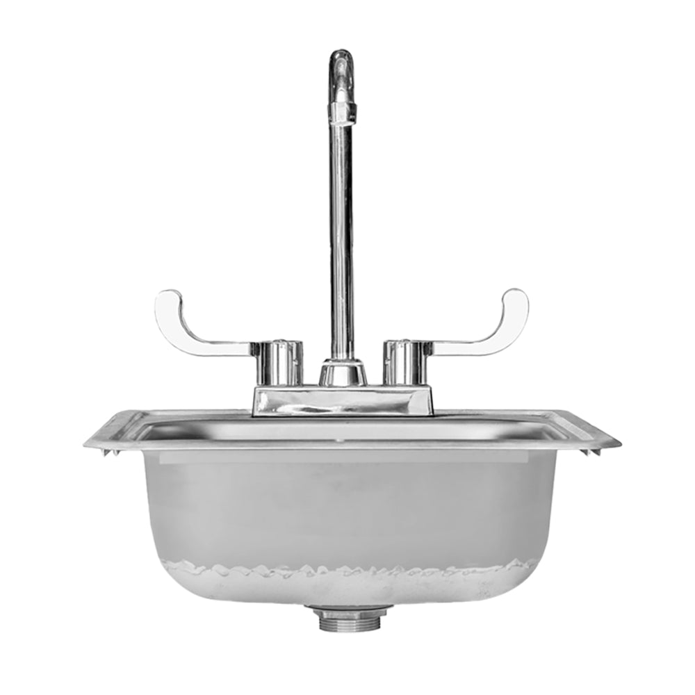 Drop-in sink with chrome faucet centered on mounting deck and drain hole