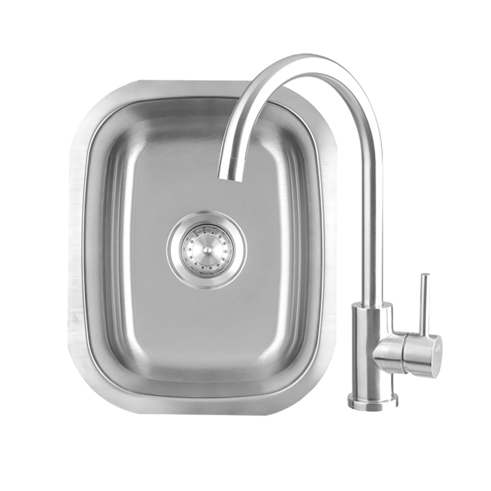 Stainless steel undermount sink with round push-button drain and curved faucet