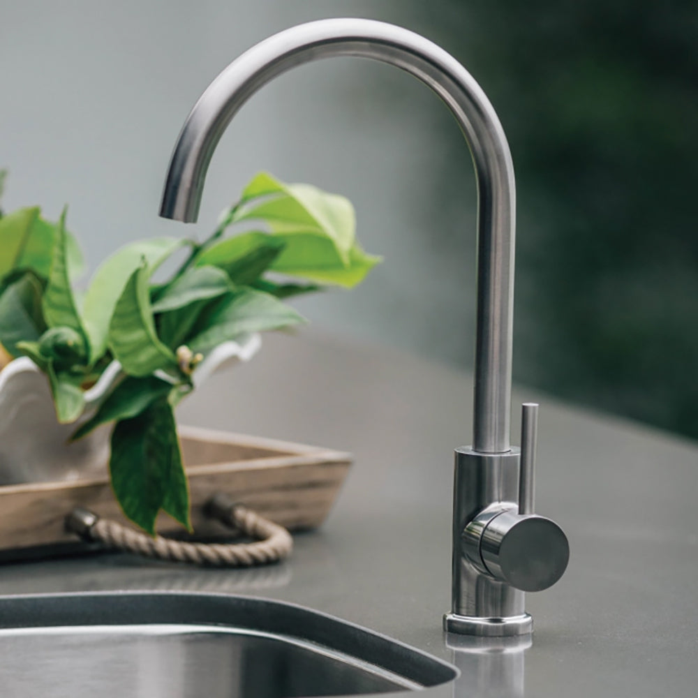 Stainless steel sink with single-handle curved gooseneck faucet