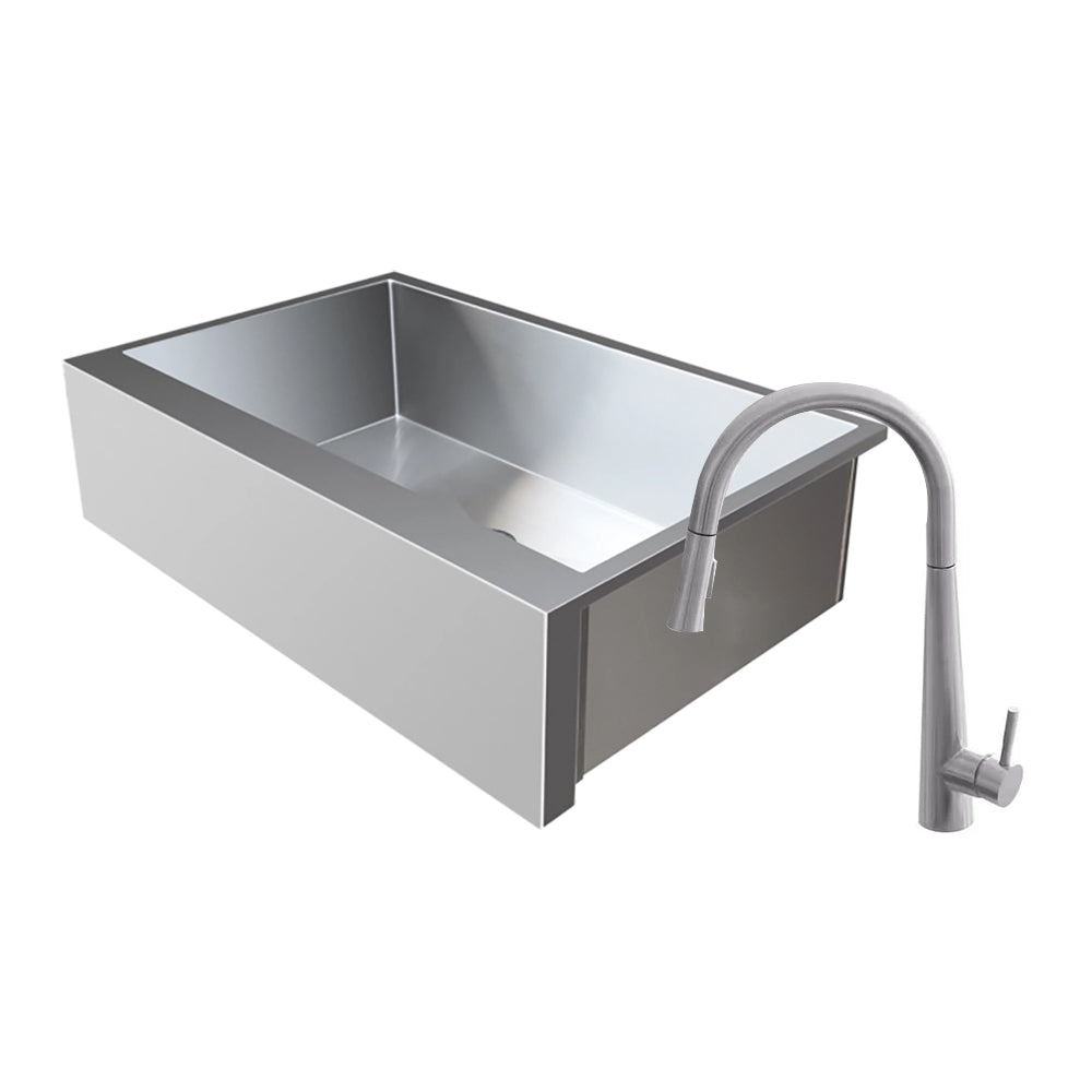 Stainless steel farmhouse outdoor sink with gooseneck faucet and single basin