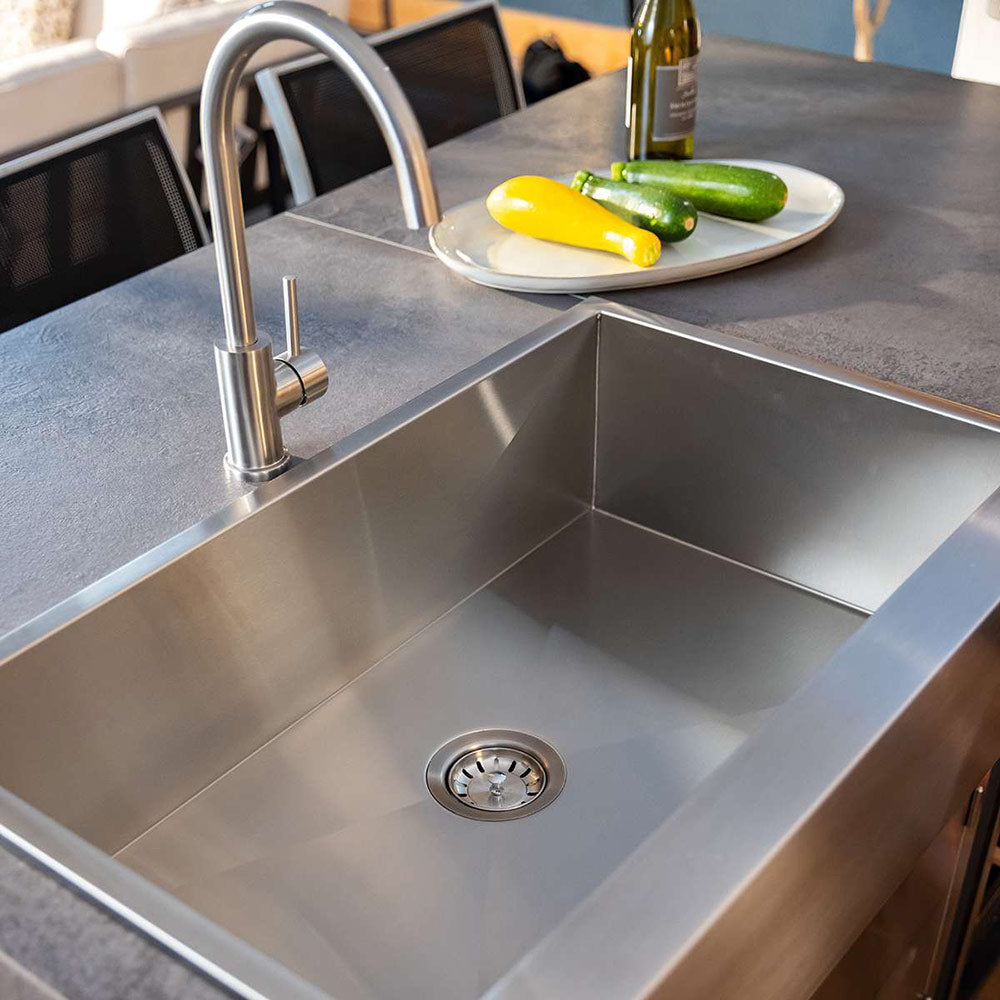 Stainless steel outdoor farmhouse sink with gooseneck faucet and drain hole