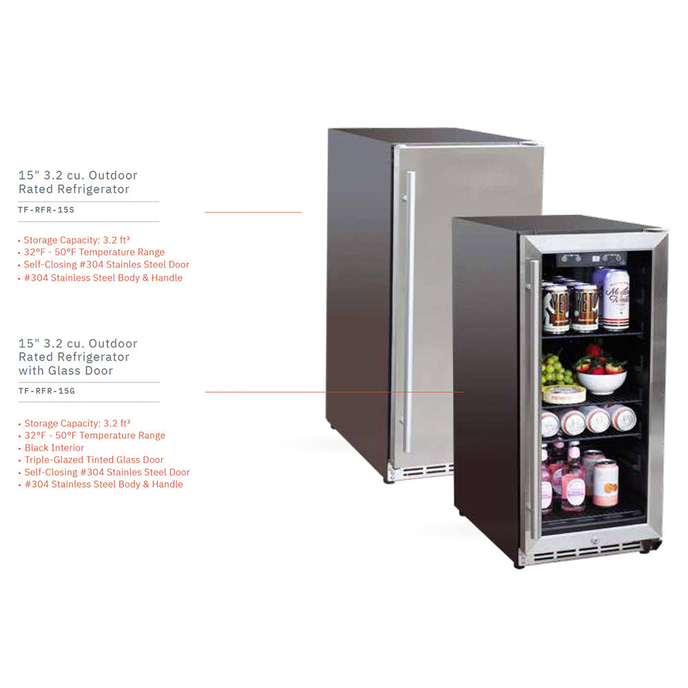 Stainless-door refrigerator shown in side-by-side views with door open and closed