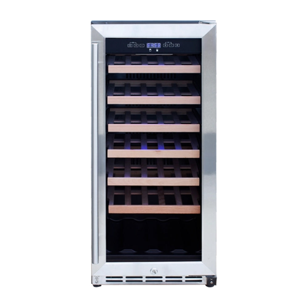 Outdoor wine cooler with open door and multiple wooden wine racks