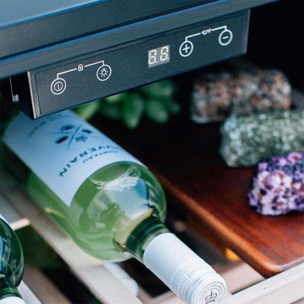 Wine cooler control panel with digital display and bottle in lower rack