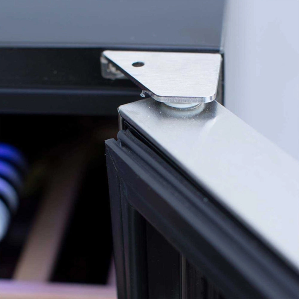 Wine cooler door hinge and metal mounting bracket at the cabinet corner