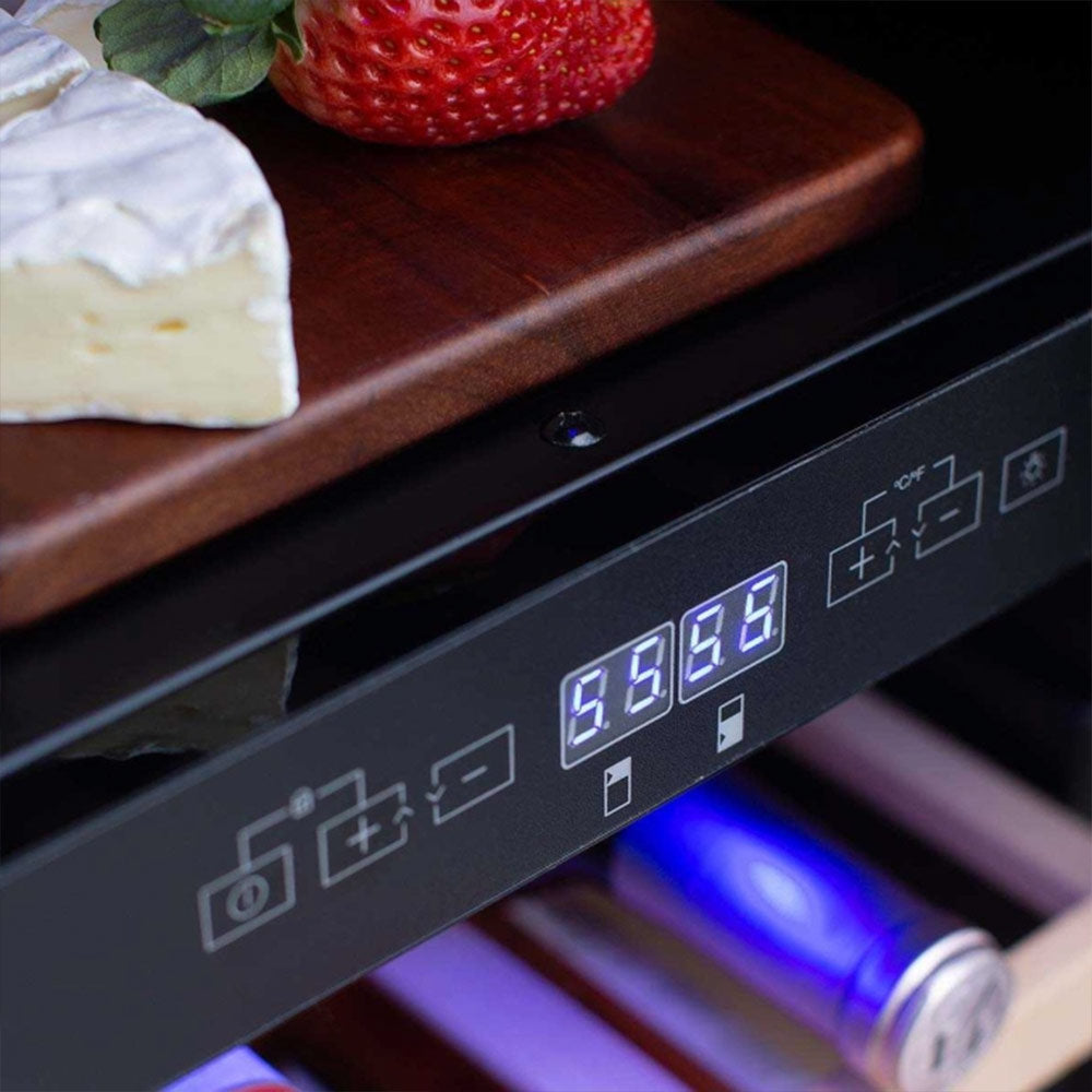 Wine cooler interior with wooden shelf, bottle, and illuminated control display