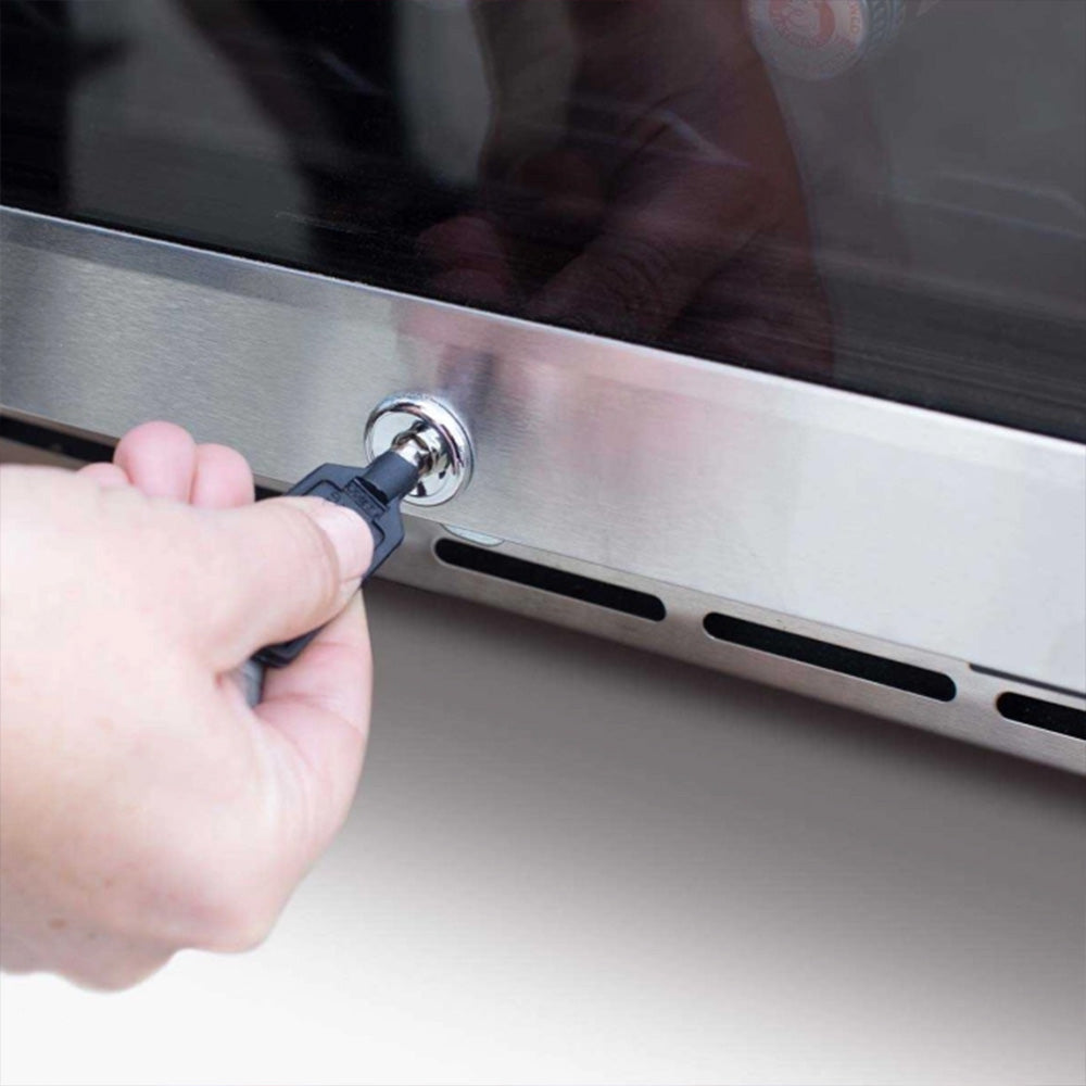 Wine cooler door latch with metal handle mechanism and hand turning key