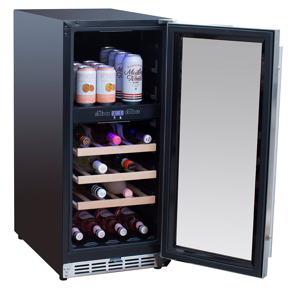 Black wine cooler with door open, visible racks and digital control panel
