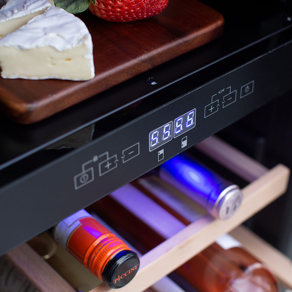 Wine cooler control panel with digital temperature readout and blue backlight