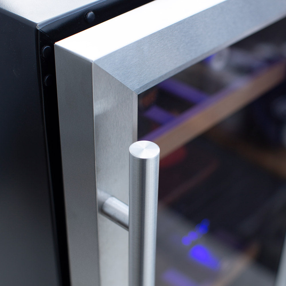 Metal exterior handle on black wine cooler door