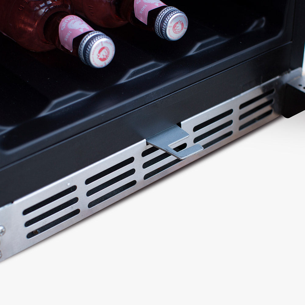 Wine cooler base vent with bottles on lower shelf