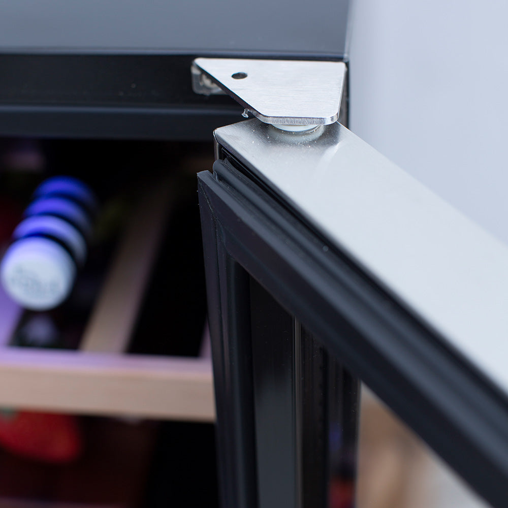 Wine cooler door hinge and frame with glass front edge