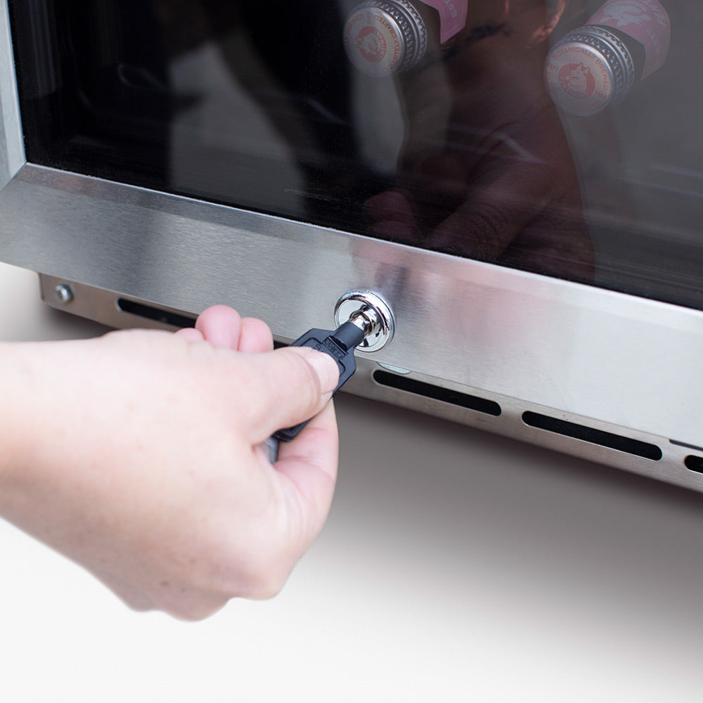 Wine cooler door lock with hand turning the latch