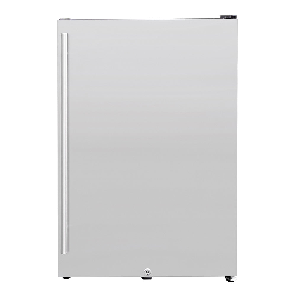 Compact refrigerator with stainless-look door and vertical handle, 22-inch size.