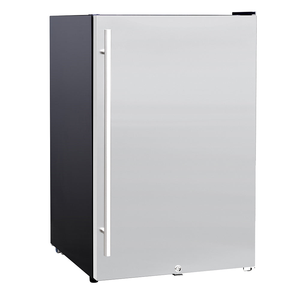 Two-tone compact refrigerator with white door, silver handle, and dark cabinet side.