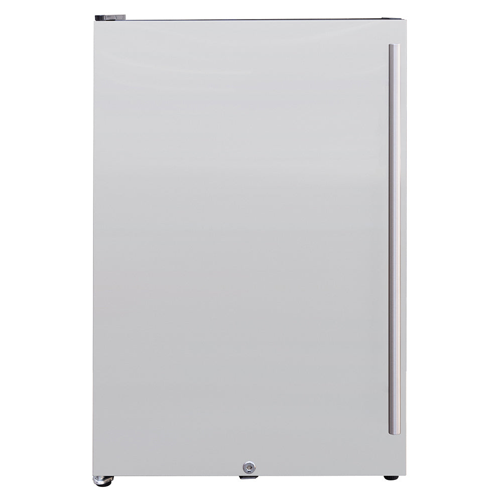 Compact refrigerator with white door and vertical silver handle, front view.