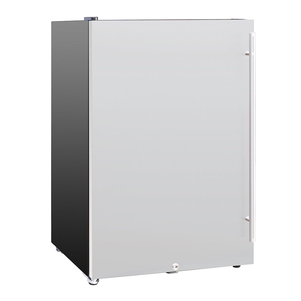 White compact refrigerator with side view showing cabinet and door handle