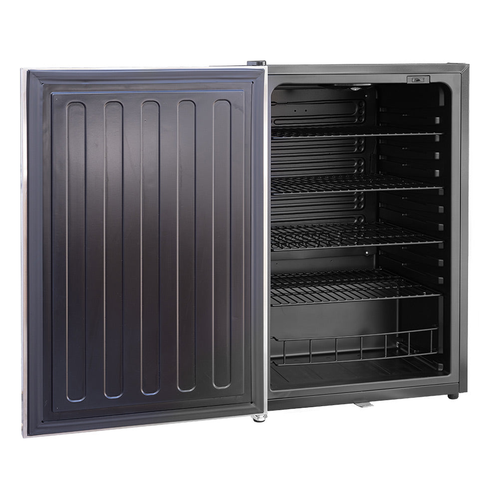 White compact refrigerator with open door, interior shelves and dark freezer section