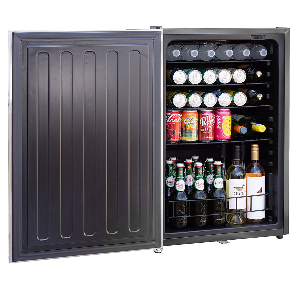 White compact refrigerator with open door, stocked interior shelves with bottles and cans