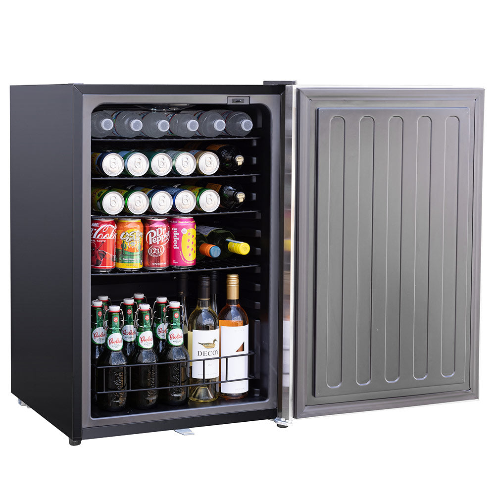 Compact refrigerator with door open, showing wire shelves and items inside.