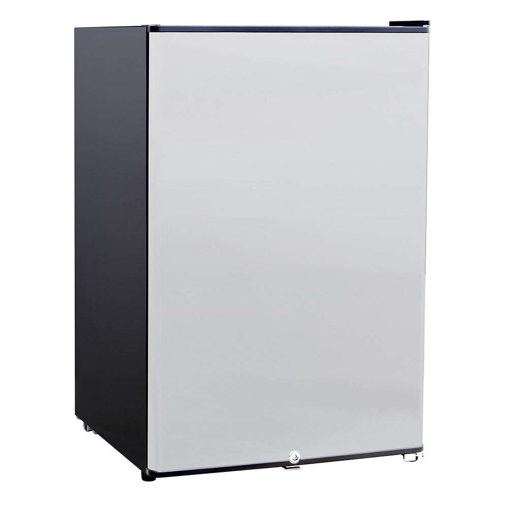 Outdoor mini fridge with white door front, dark side panel, and bottom lock.