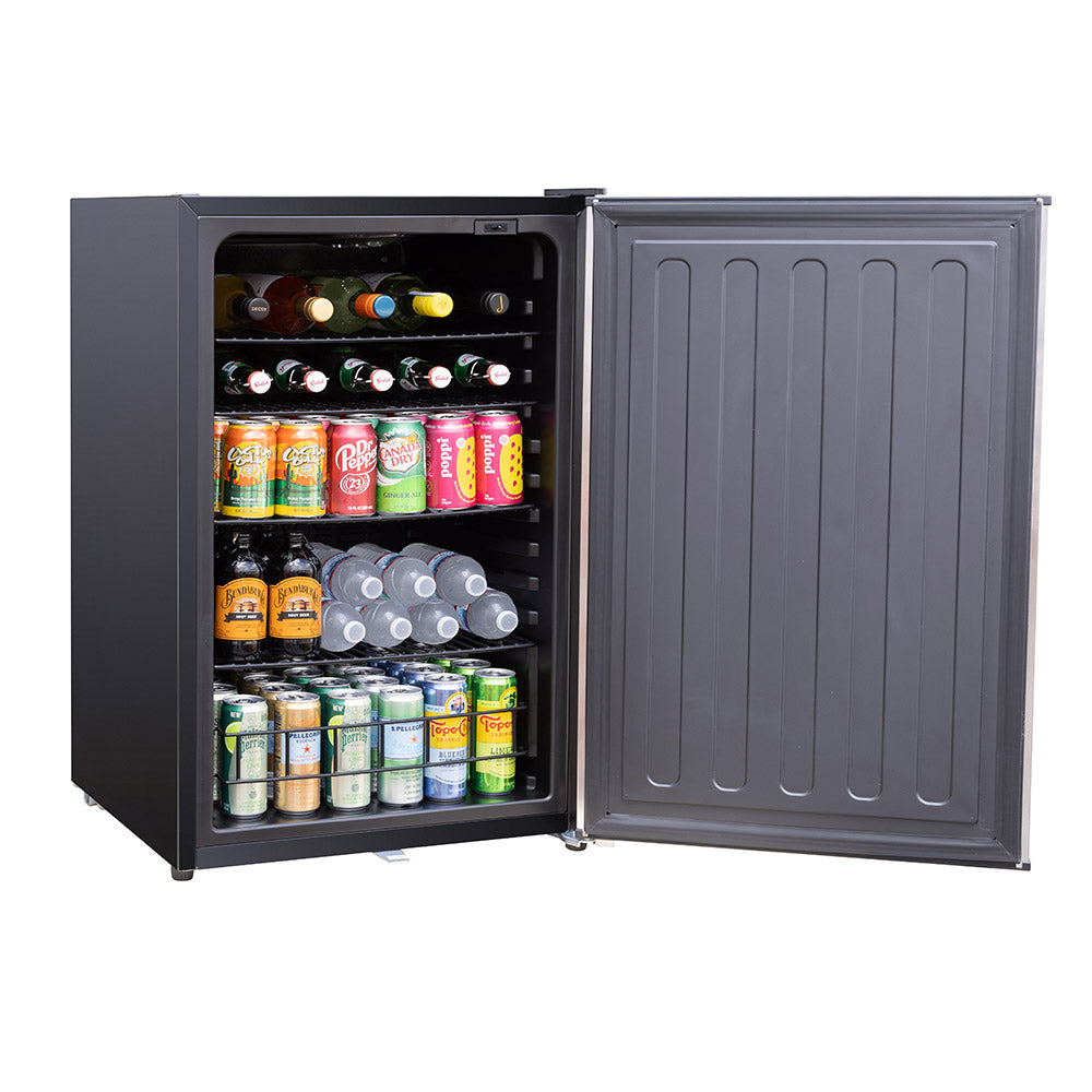 Outdoor mini fridge open with shelves stocked with drinks and small containers.