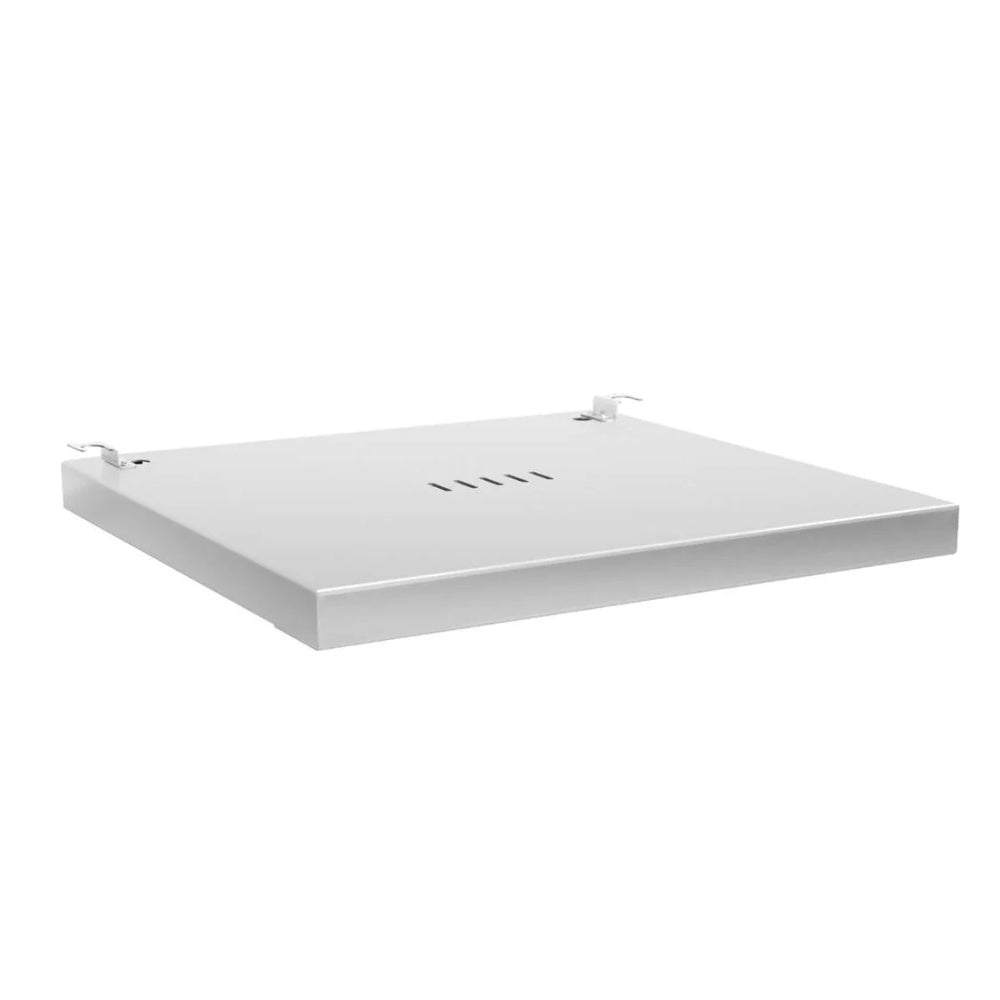 White metal pedestal base for a 24-inch outdoor refrigerator, flat top with mounting tabs