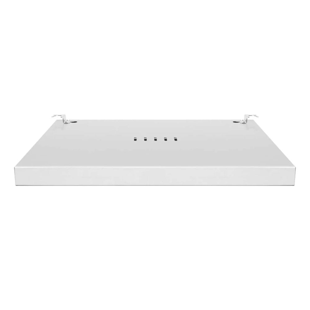 White outdoor refrigerator pedestal with flat platform and four corner mounting brackets