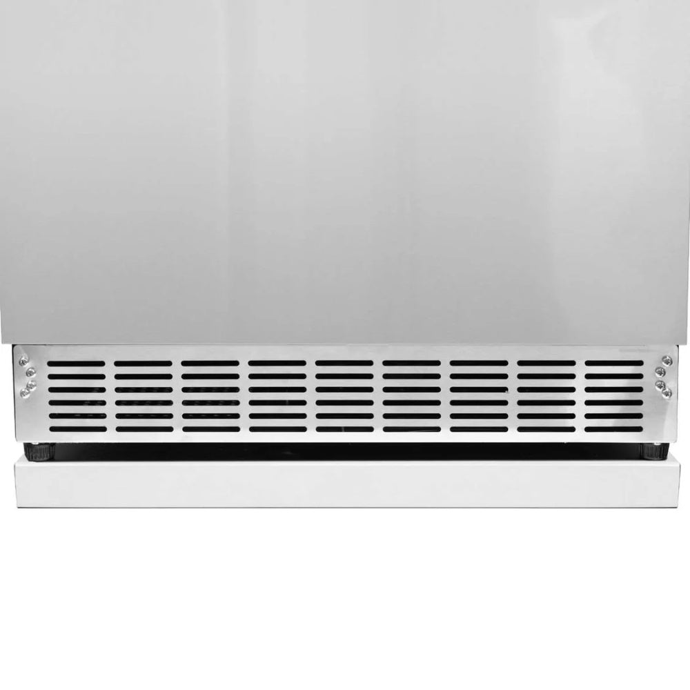 White refrigerator pedestal base with front vent grille and side mounting hardware