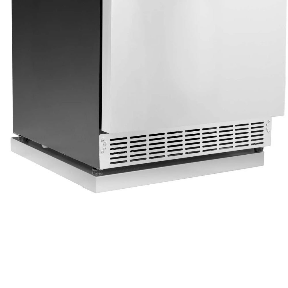 White pedestal base with front vent grille and raised side support edge